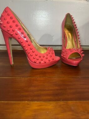 Diba Coral Pink Studded Peep-Toe Platform Heels